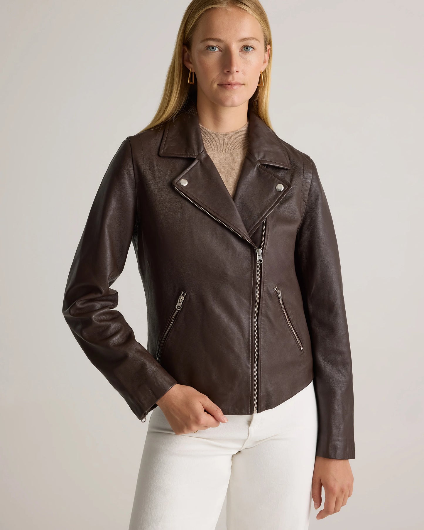 100% Washed Leather Biker Jacket - XS / Brown