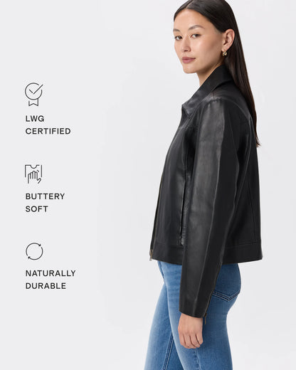100% Leather Cropped Zip-Front Jacket - XS / True Black