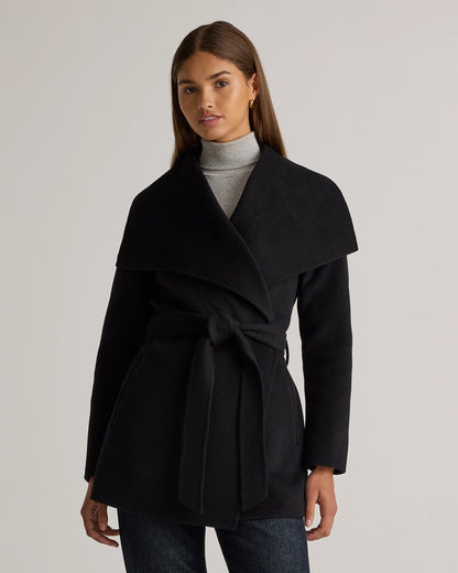 Double-Faced Merino Wool Draped Collar Short Wrap Coat - XS / Cocoa Melange