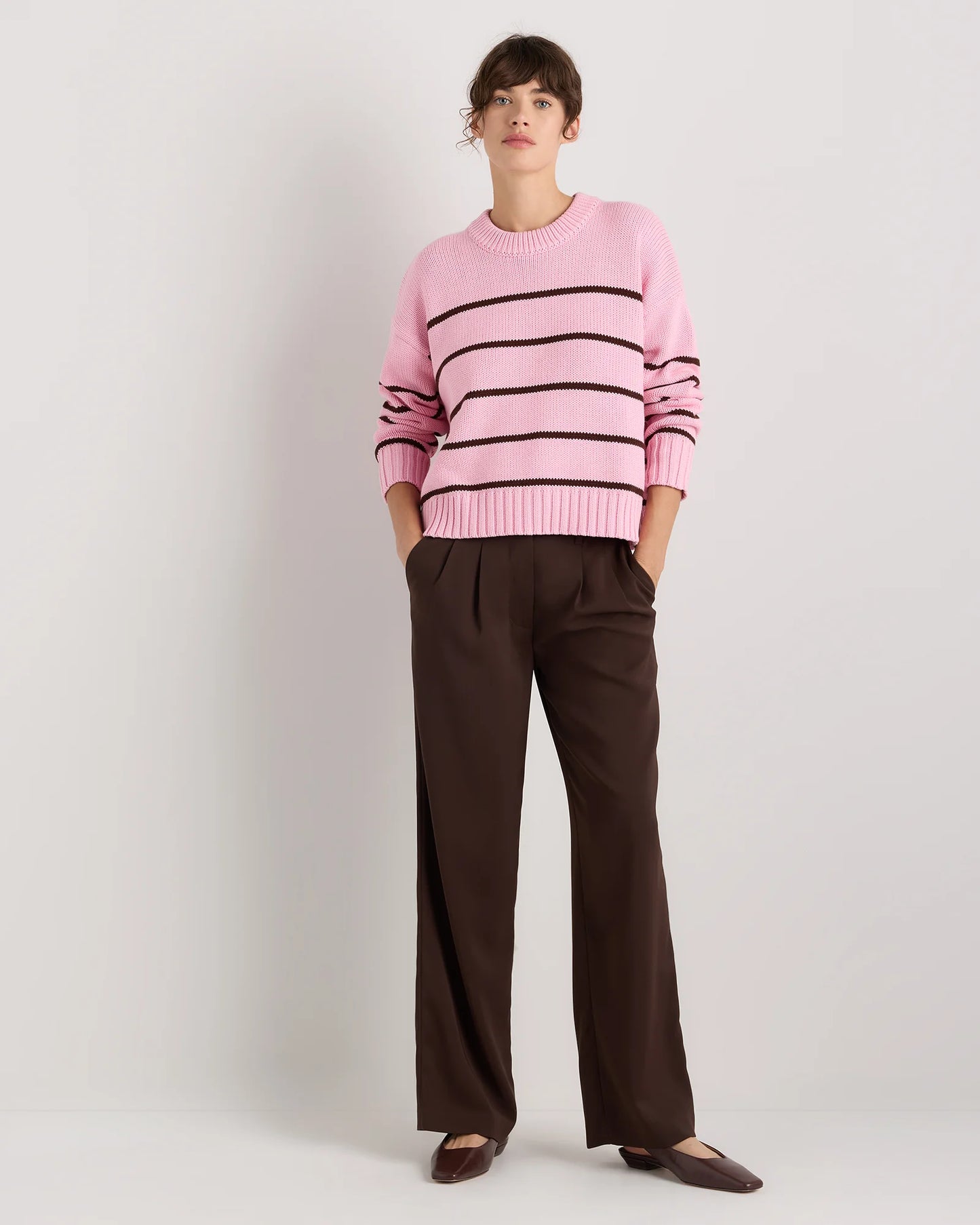 100% Organic Cotton Striped Crew Sweater - XS / Heather Brown/Ivory