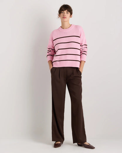 100% Organic Cotton Striped Crew Sweater - XS / Heather Brown/Ivory
