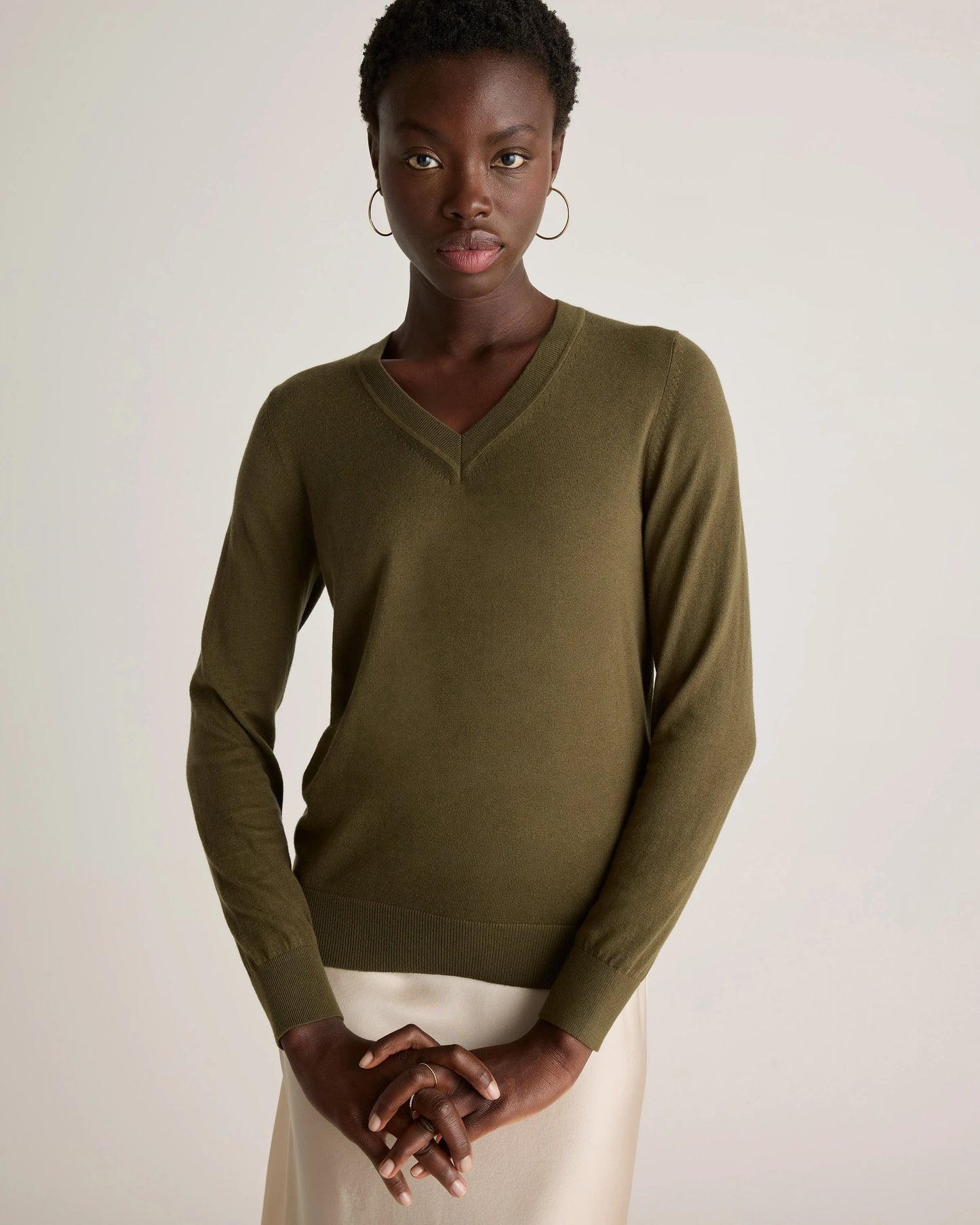 Lightweight Cotton Cashmere V-Neck Sweater - XS / Sugar Stone