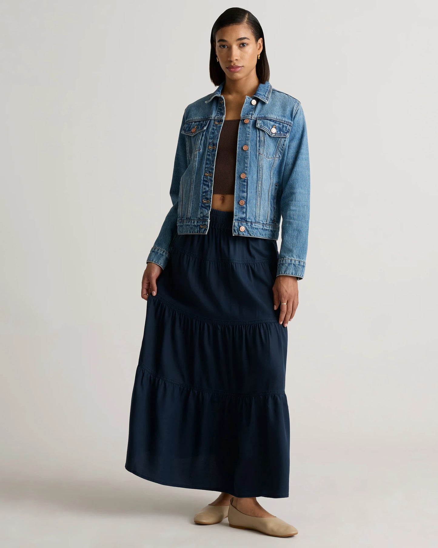 Vintage Wash Tencel Tiered Maxi Skirt - XS / Olive