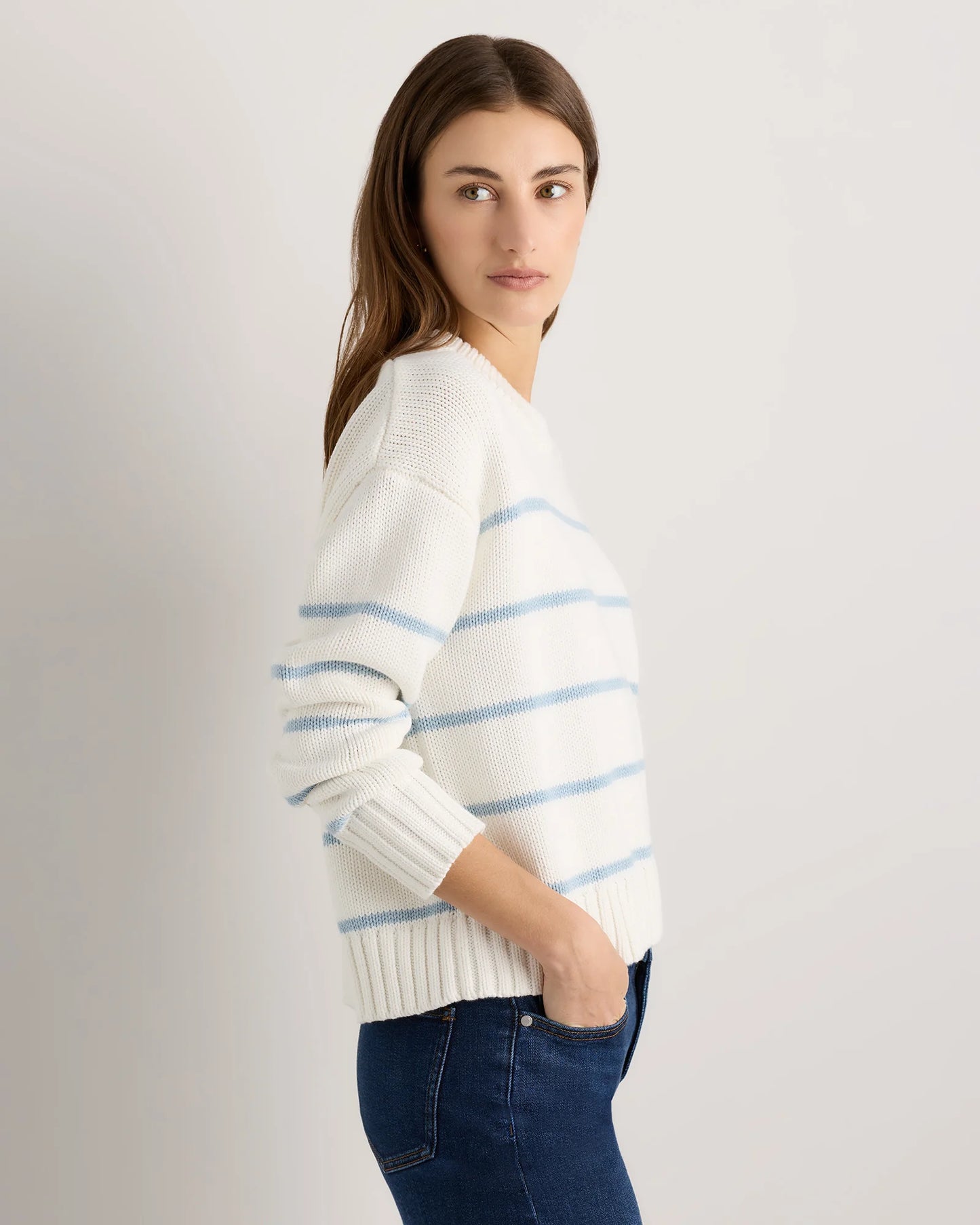 100% Organic Cotton Striped Crew Sweater - XS / Heather Brown/Ivory