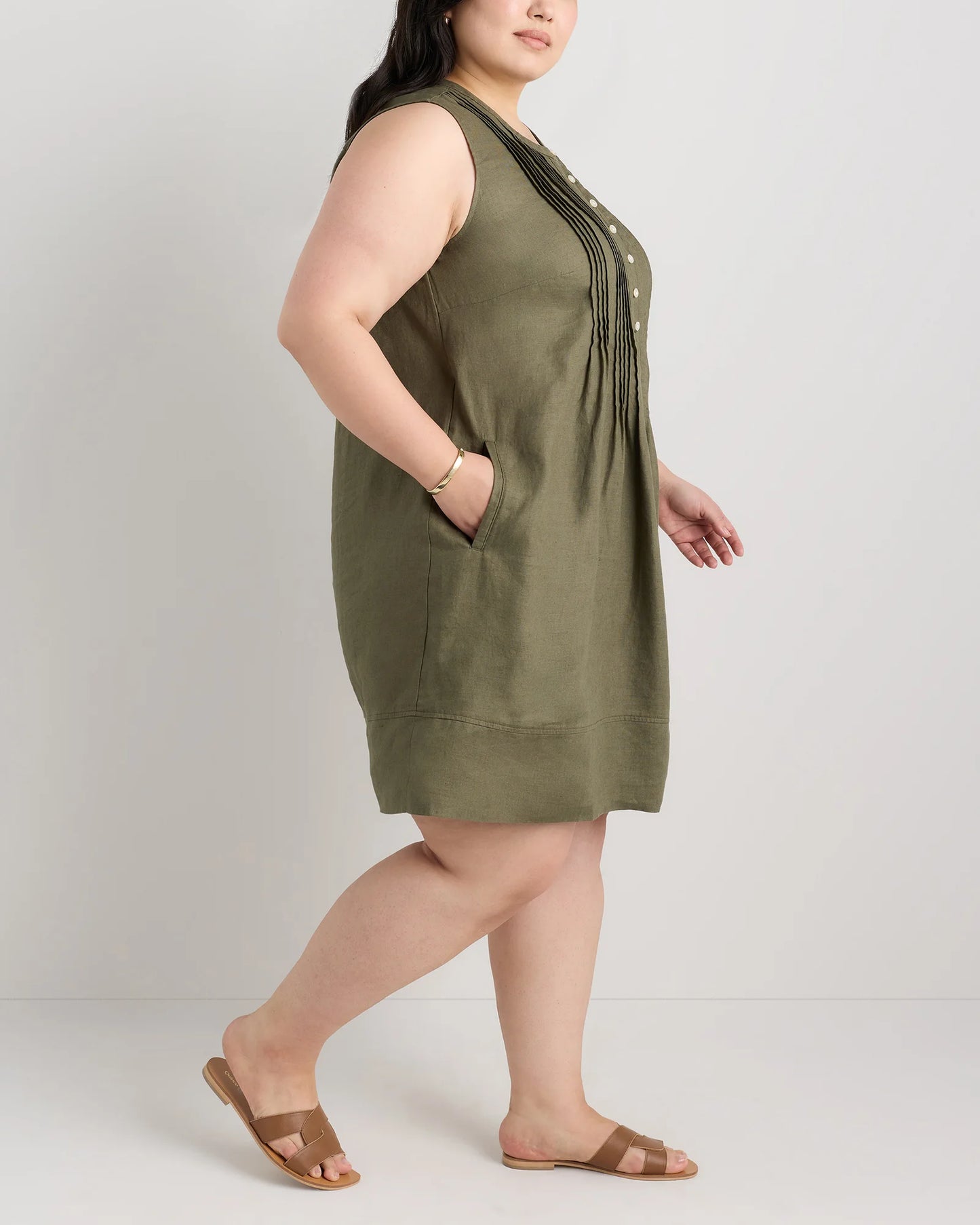 100% European Linen Sleeveless Swing Dress - 1X / Bayberry Olive