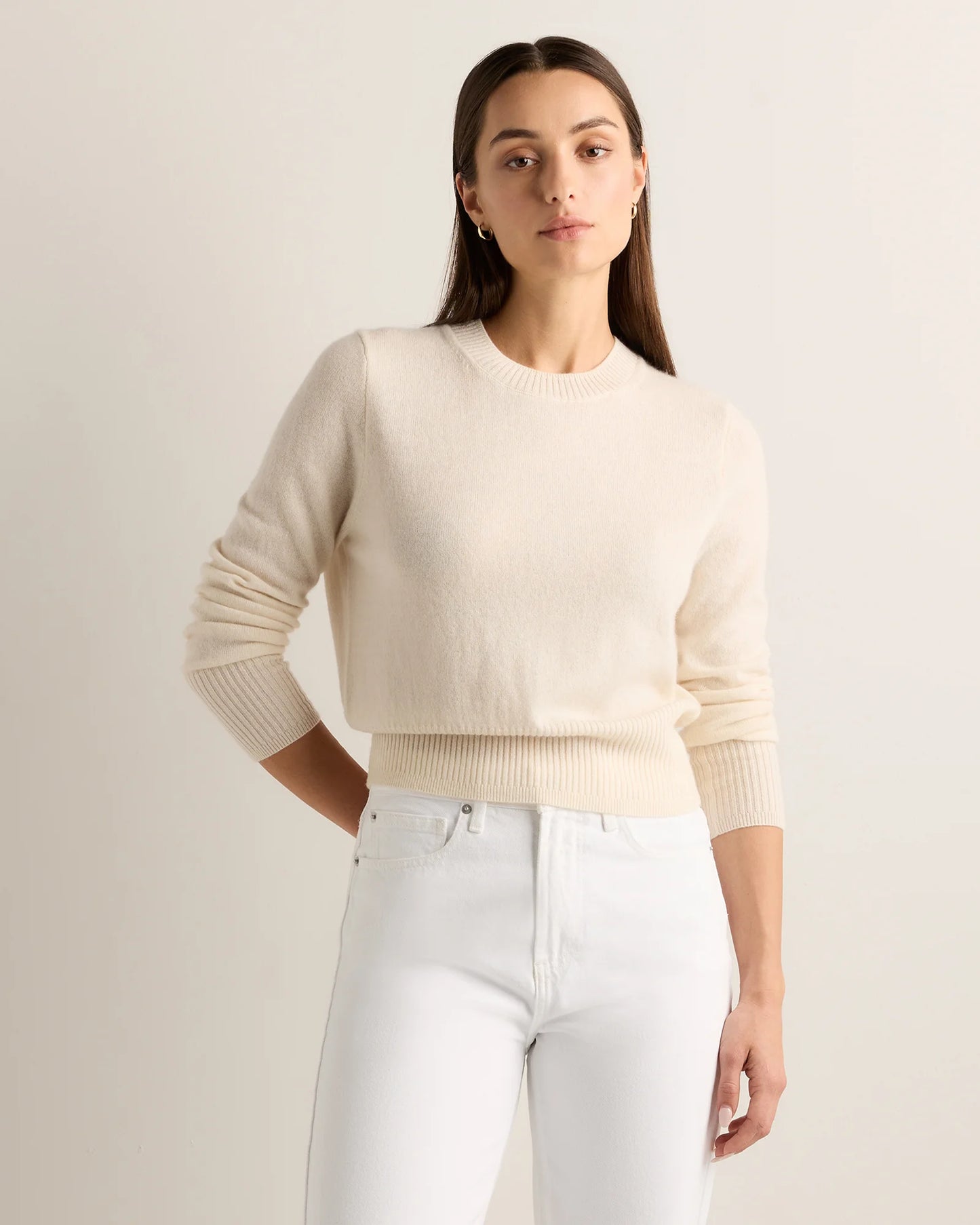 Mongolian Cashmere Shrunken Crewneck Sweater - XS / Ivory
