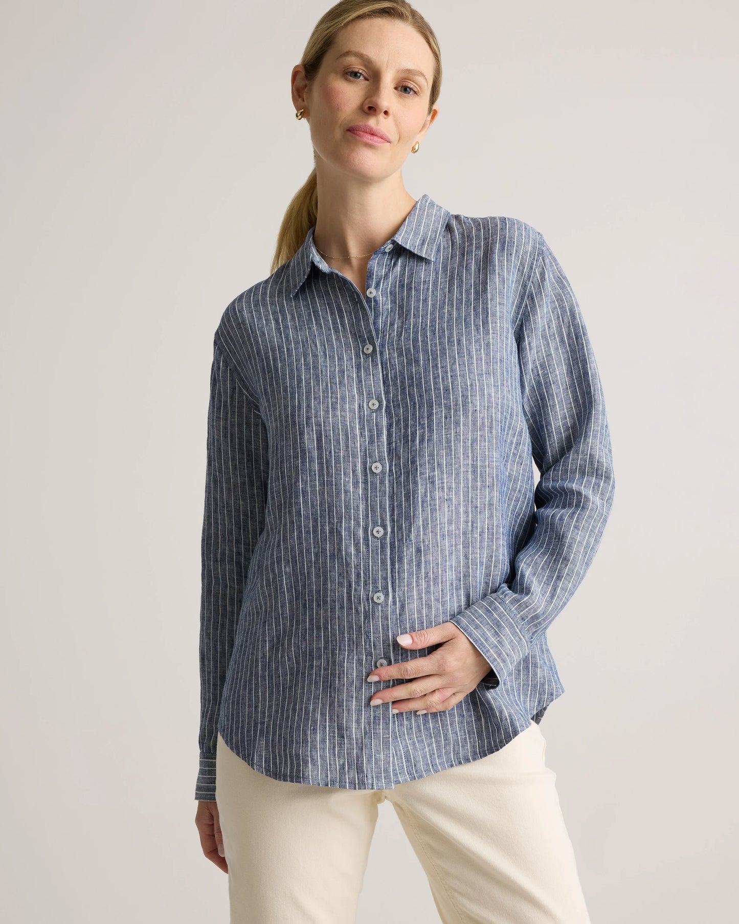 100% European Linen Maternity Long Sleeve Shirt - XS / Blue Pinstripe