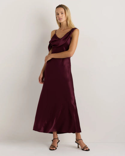 100% Washable Silk Draped Shoulder Maxi Dress - XS / Navy