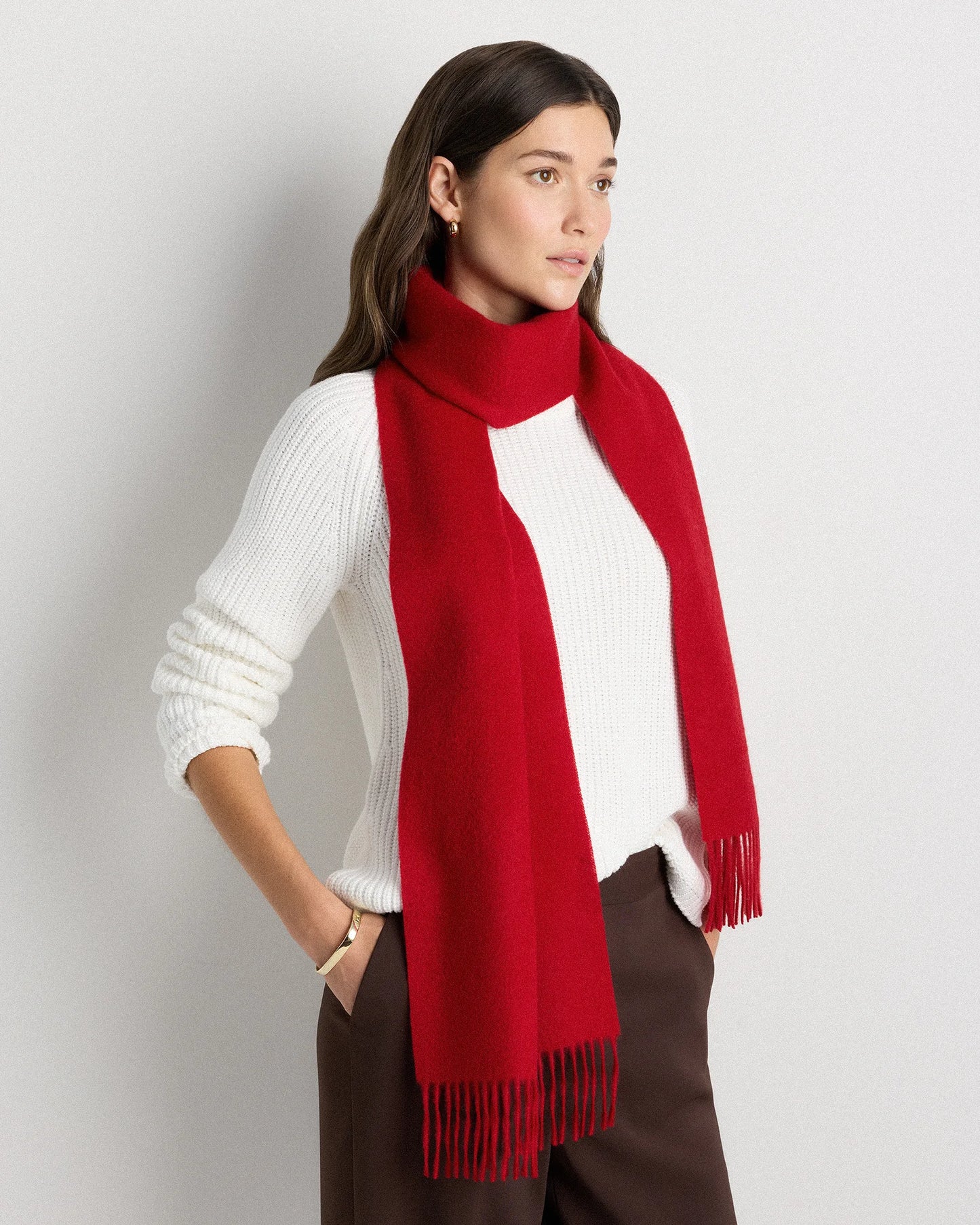 Mongolian Cashmere Woven Fringe Scarf - One Size / Ivory