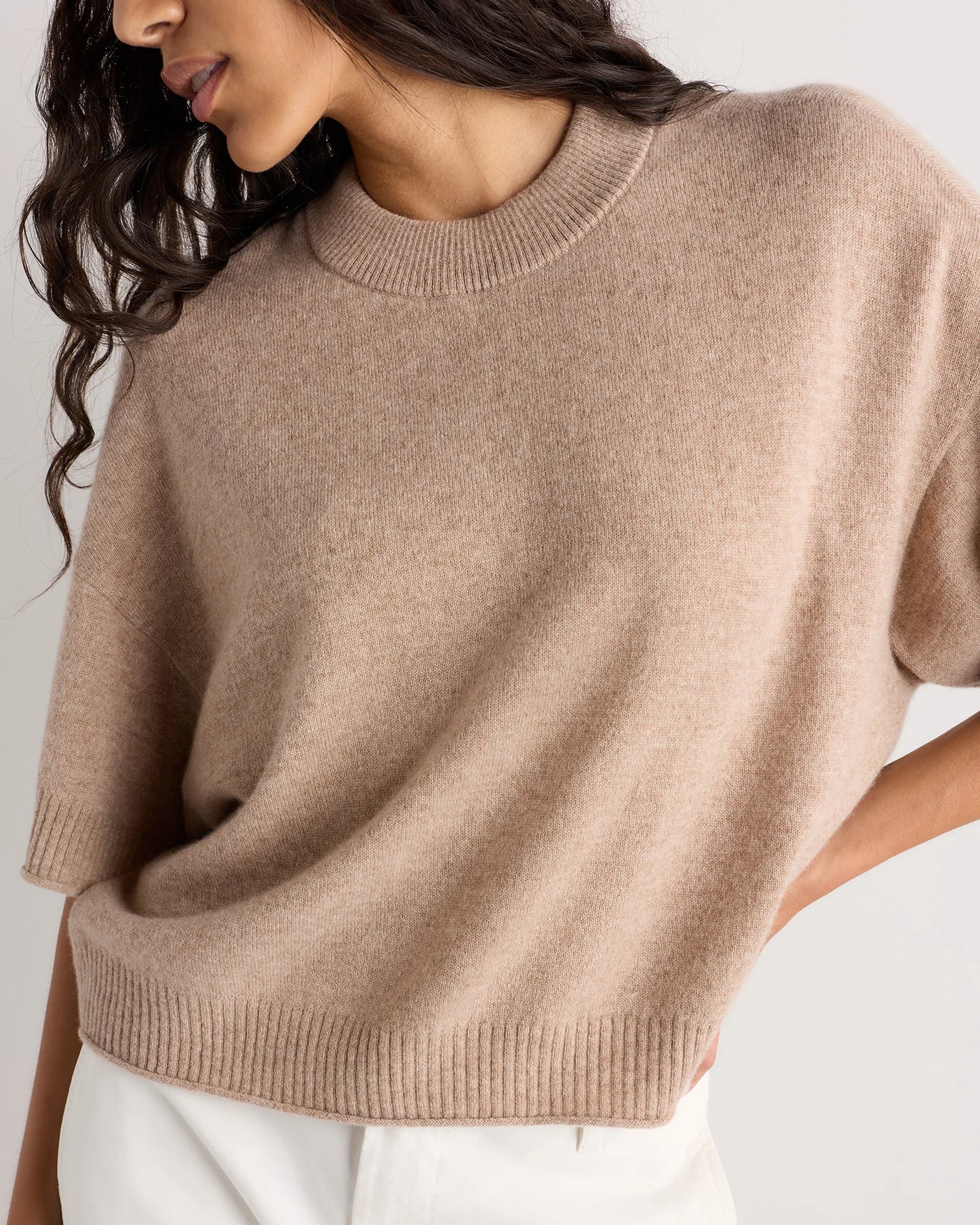 Mongolian Cashmere Cropped Oversized Tee - XS / Oatmeal