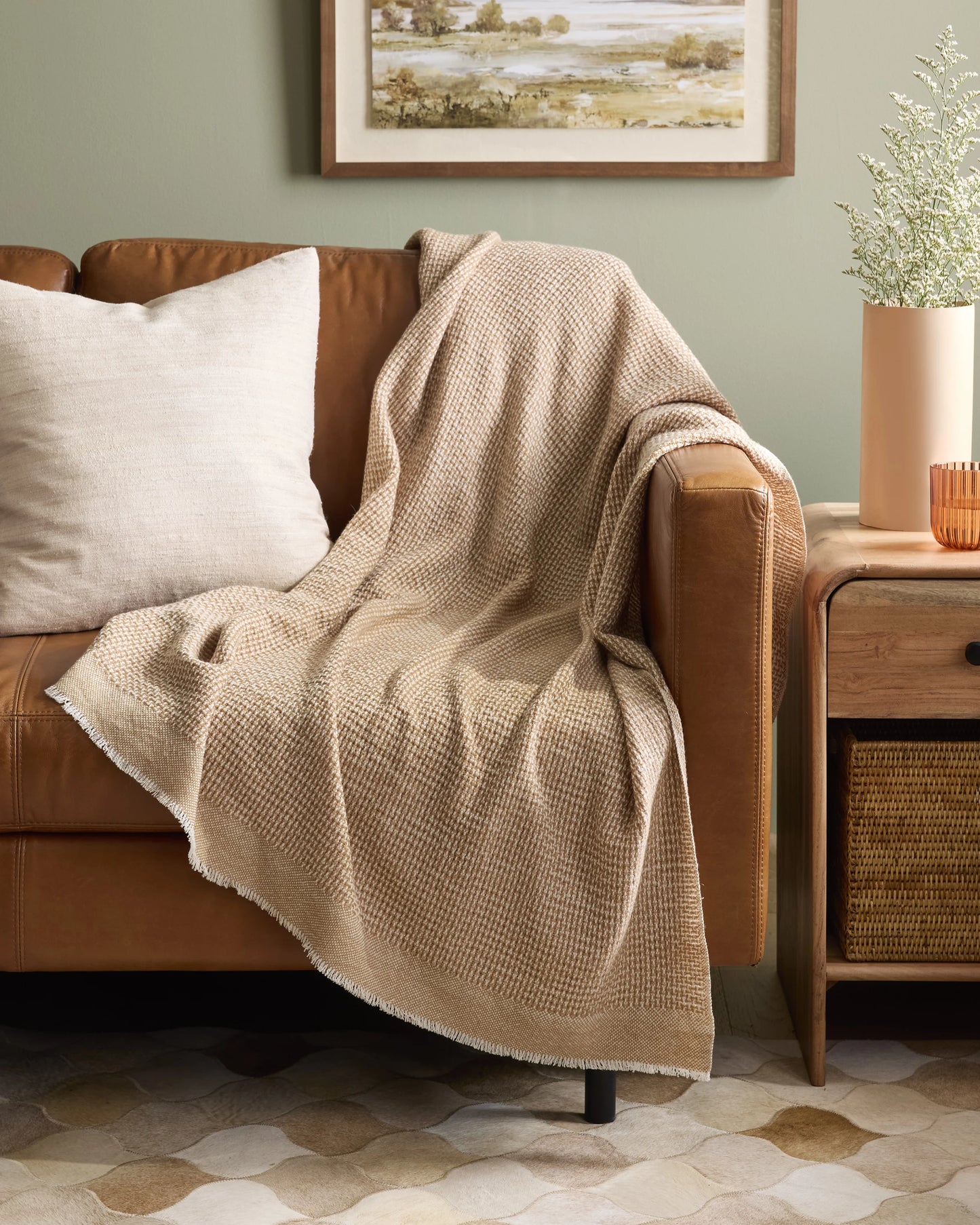 Lightweight Cashmere Wool Patterned Throw - 50x60 / Camel