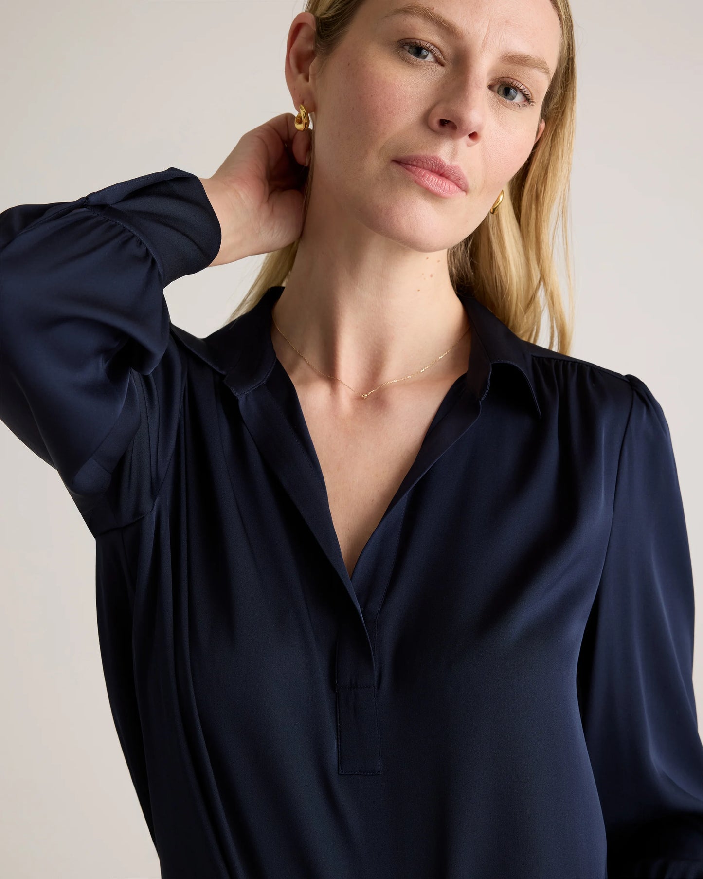 Washable Stretch Silk Split Neck Blouse - XS / Forest Green