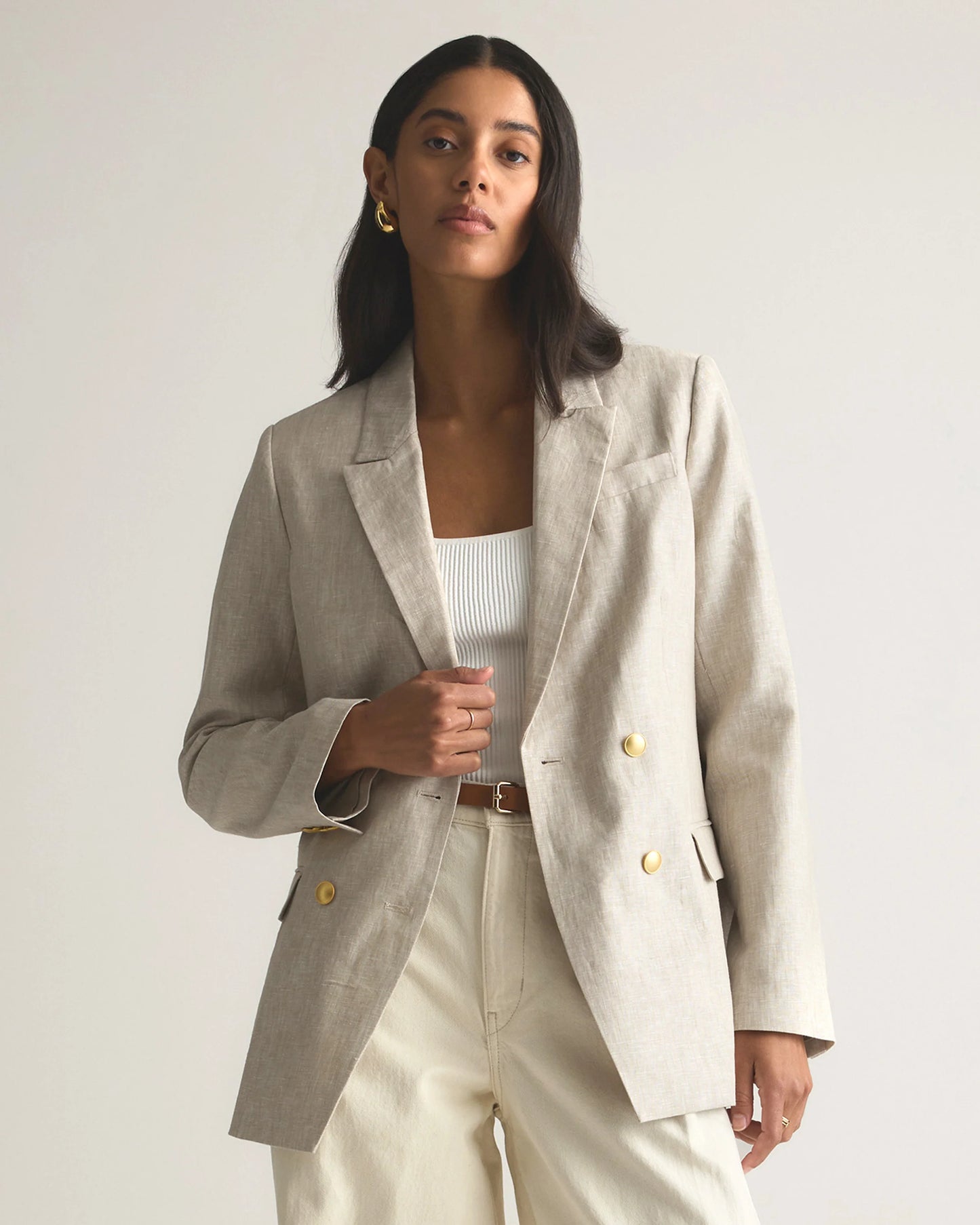 100% European Linen Relaxed Double-Breasted Blazer - XS / Blue Pinstripe