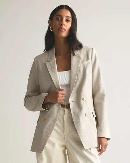 100% European Linen Relaxed Double-Breasted Blazer - XS / Blue Pinstripe
