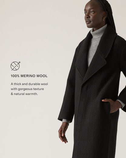 100% Merino Wool Shawl Collar Long Coat - XS / Heather Bone