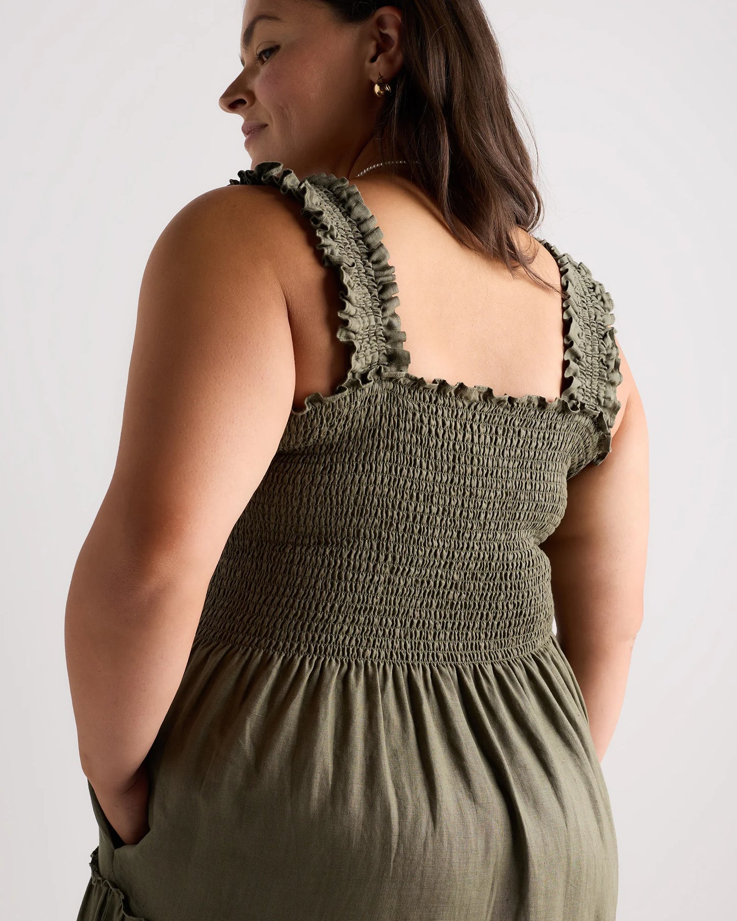 100% European Linen Smocked Midi Dress - 1X / Flax