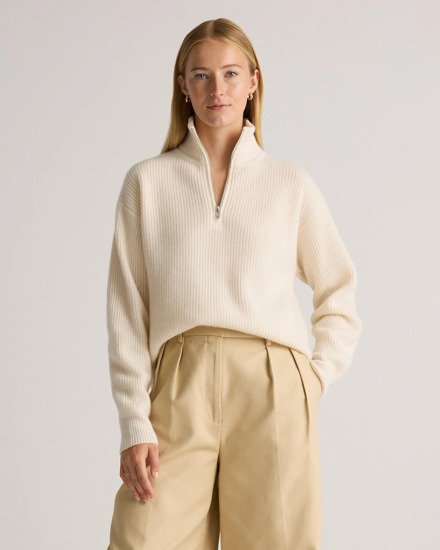 Mongolian Cashmere Fisherman Quarter Zip Sweater - XS / Ivory