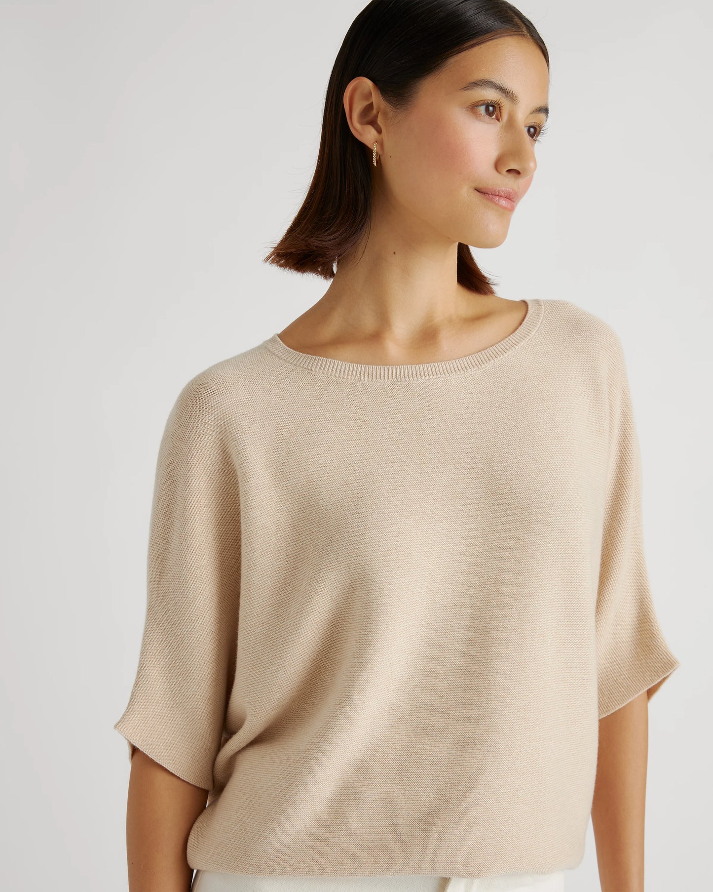 Lightweight Cotton Cashmere Link-Stitch Dolman Sweater - XS / Sugar Stone