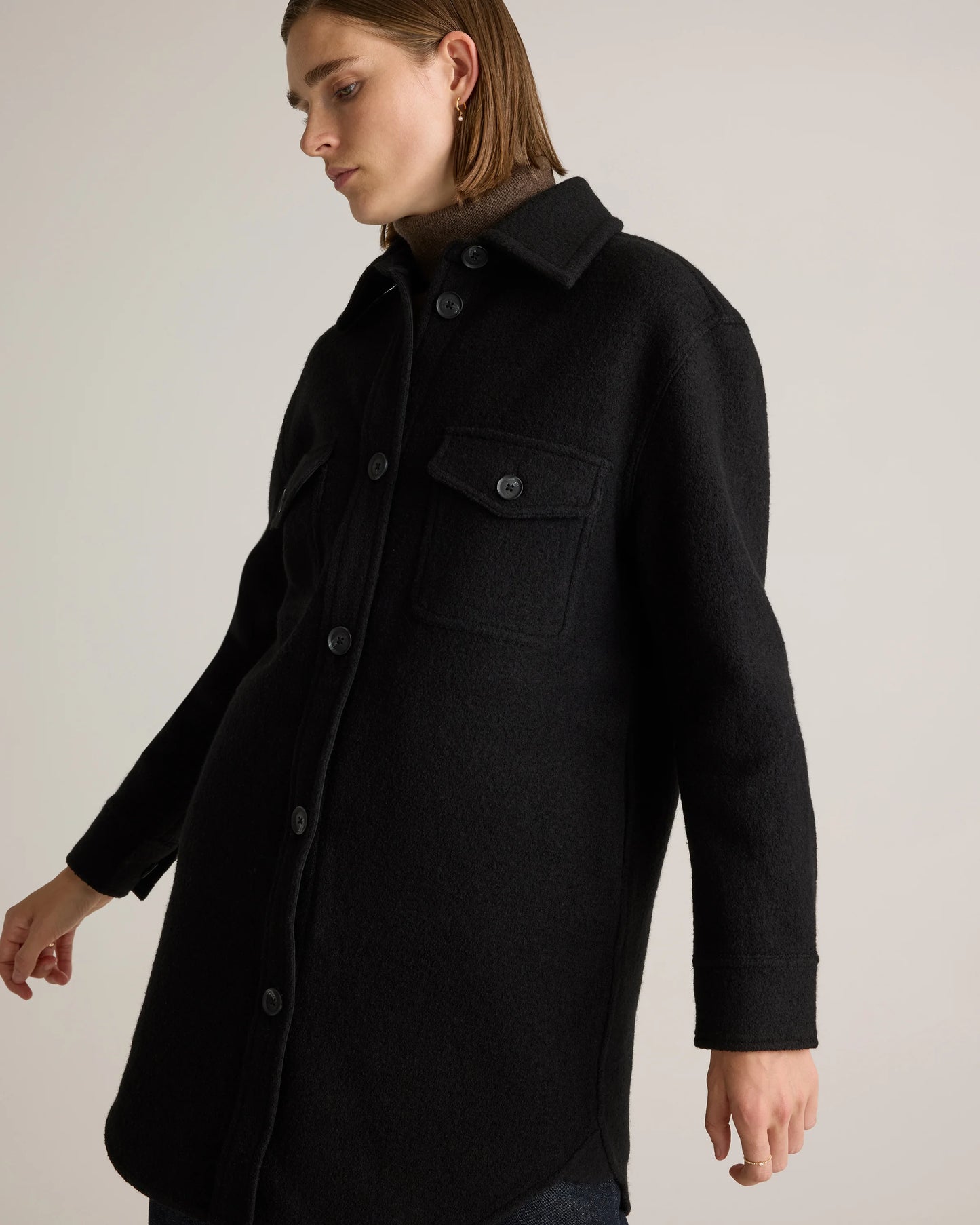100% Merino Wool Long Shirt Jacket - XS / Heather Bone