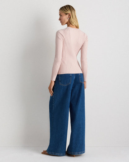 Cotton Cashmere Ribbed Long Sleeve Sweater - XS / Sugar Stone