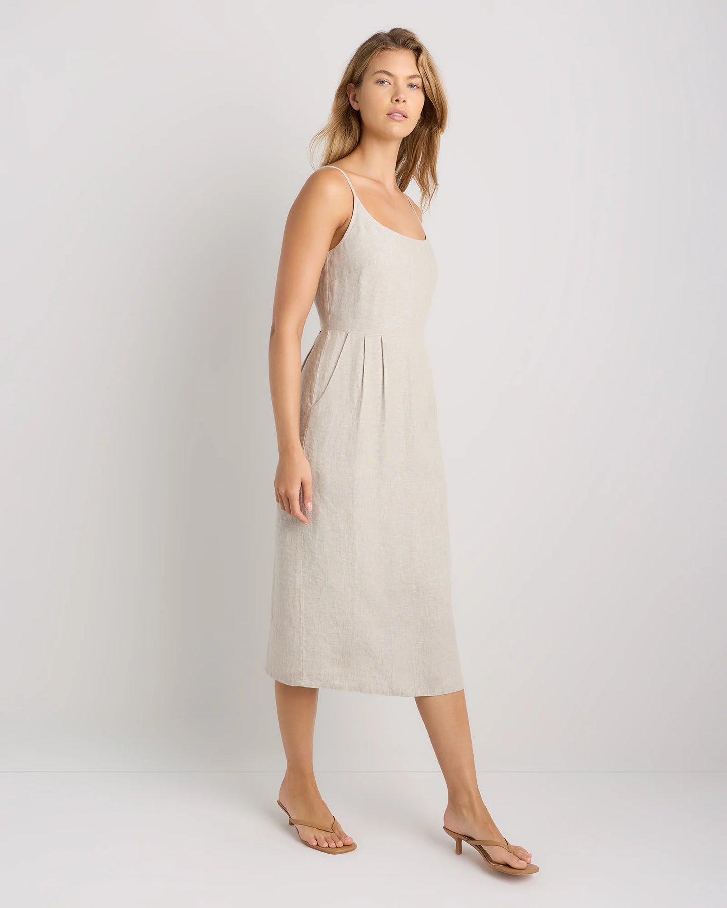 100% European Linen Scoop Neck Midi Dress - XS / Ivory Porcelain Blue Petite Floral