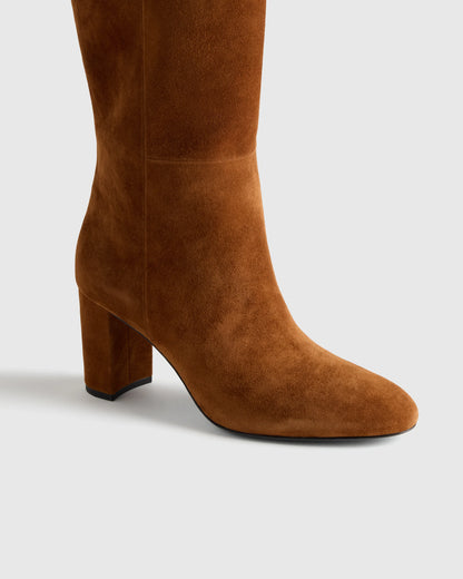 Italian Suede Block Heel Boots - 5 / Espresso Brown