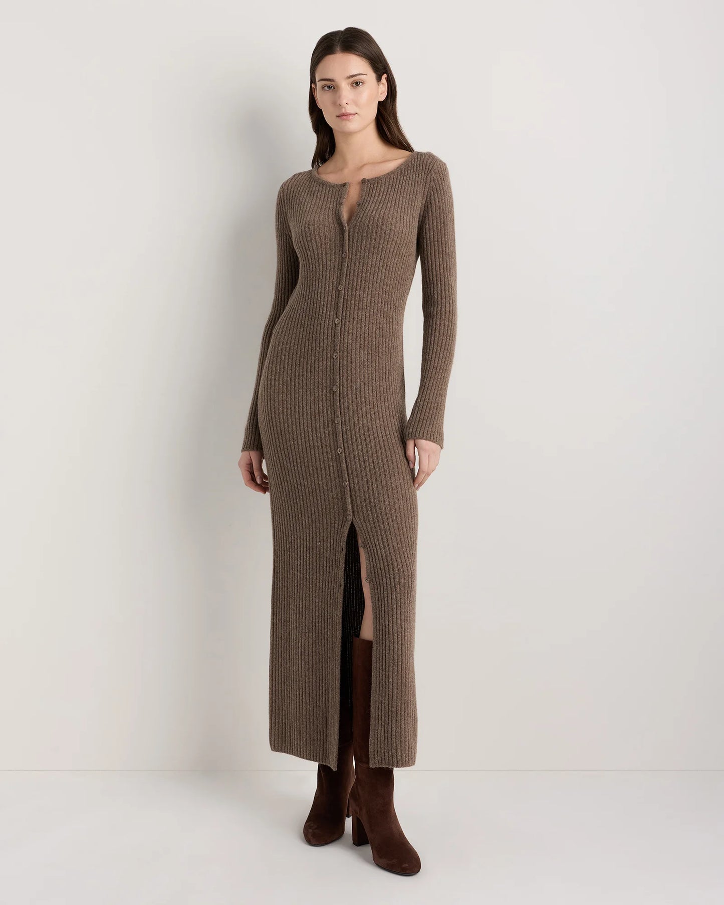 100% Yak Wool Ribbed Cardigan Sweater Dress - XS / Heather Brown