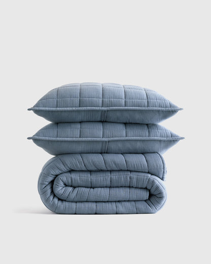 Organic Cotton Gauze Box Quilt Set - Twin / Mineral