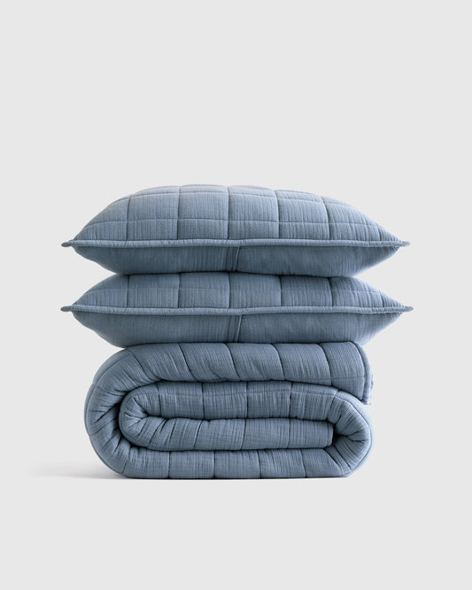 Organic Cotton Gauze Box Quilt Set - Twin / Mineral