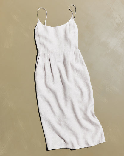 100% European Linen Scoop Neck Midi Dress - XS / Ivory Porcelain Blue Petite Floral