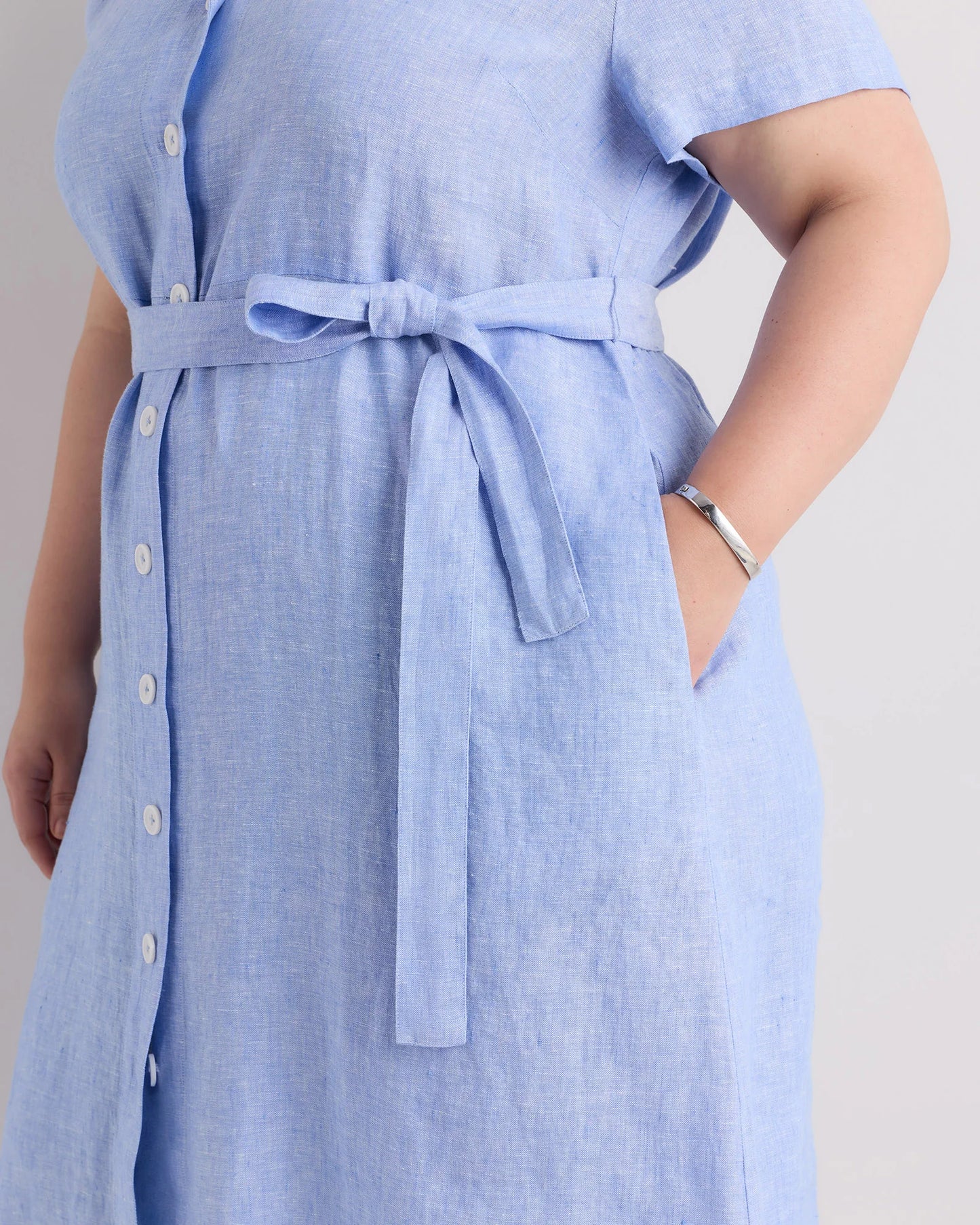 100% European Linen Button Front Dress - 1X / Blue Pinstripe