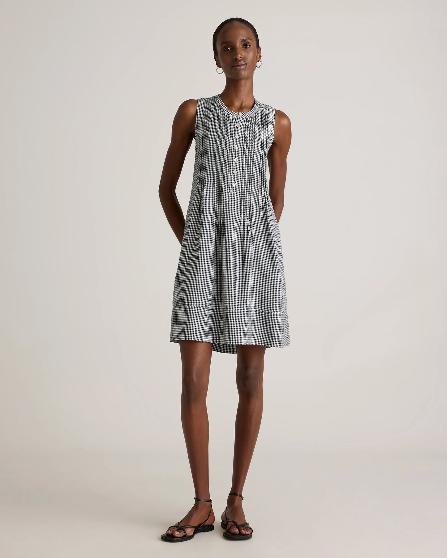 100% European Linen Sleeveless Swing Dress - XS / Classic Mini Gingham