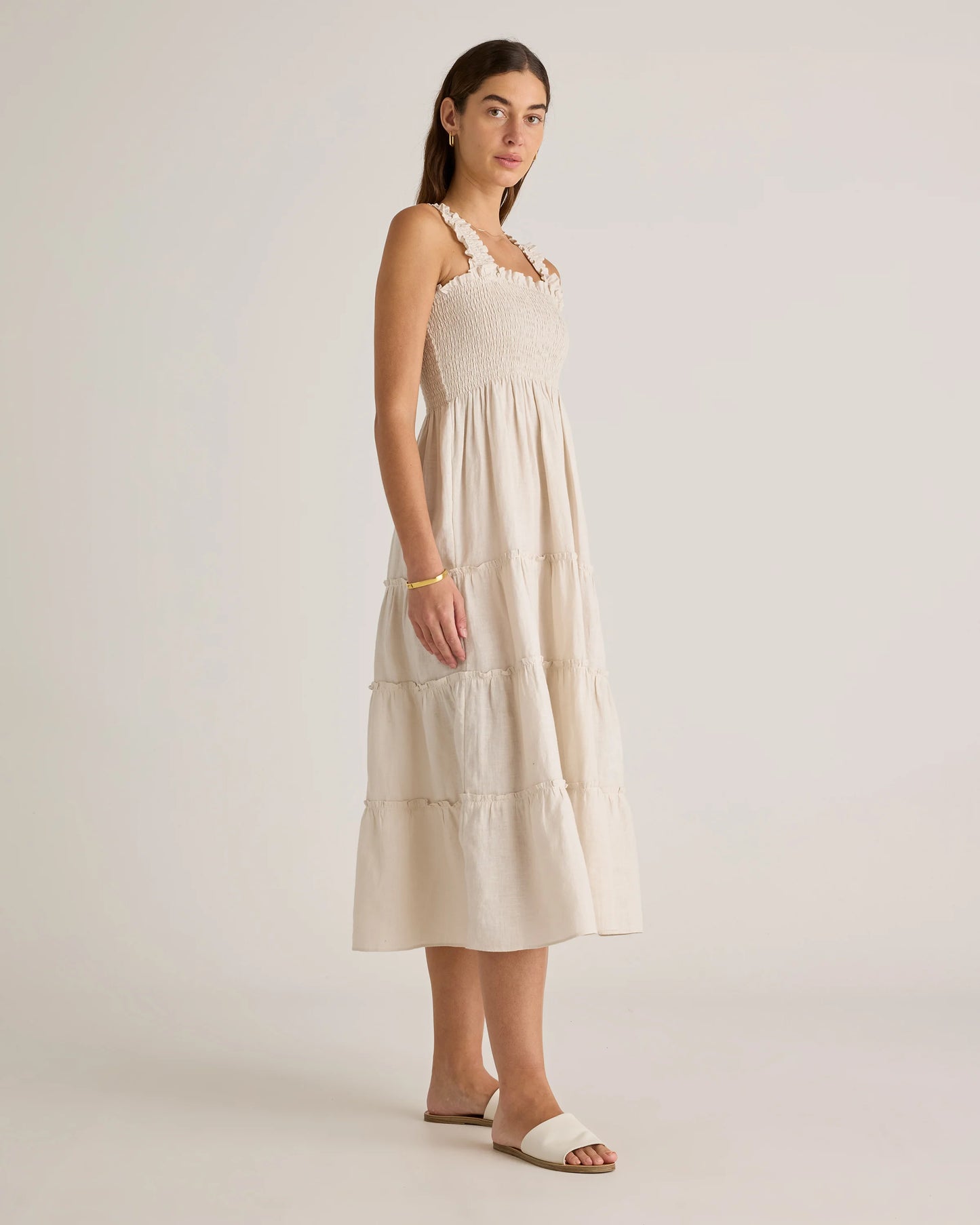 100% European Linen Smocked Midi Dress - XS / Ivory Porcelain Blue Petite Floral
