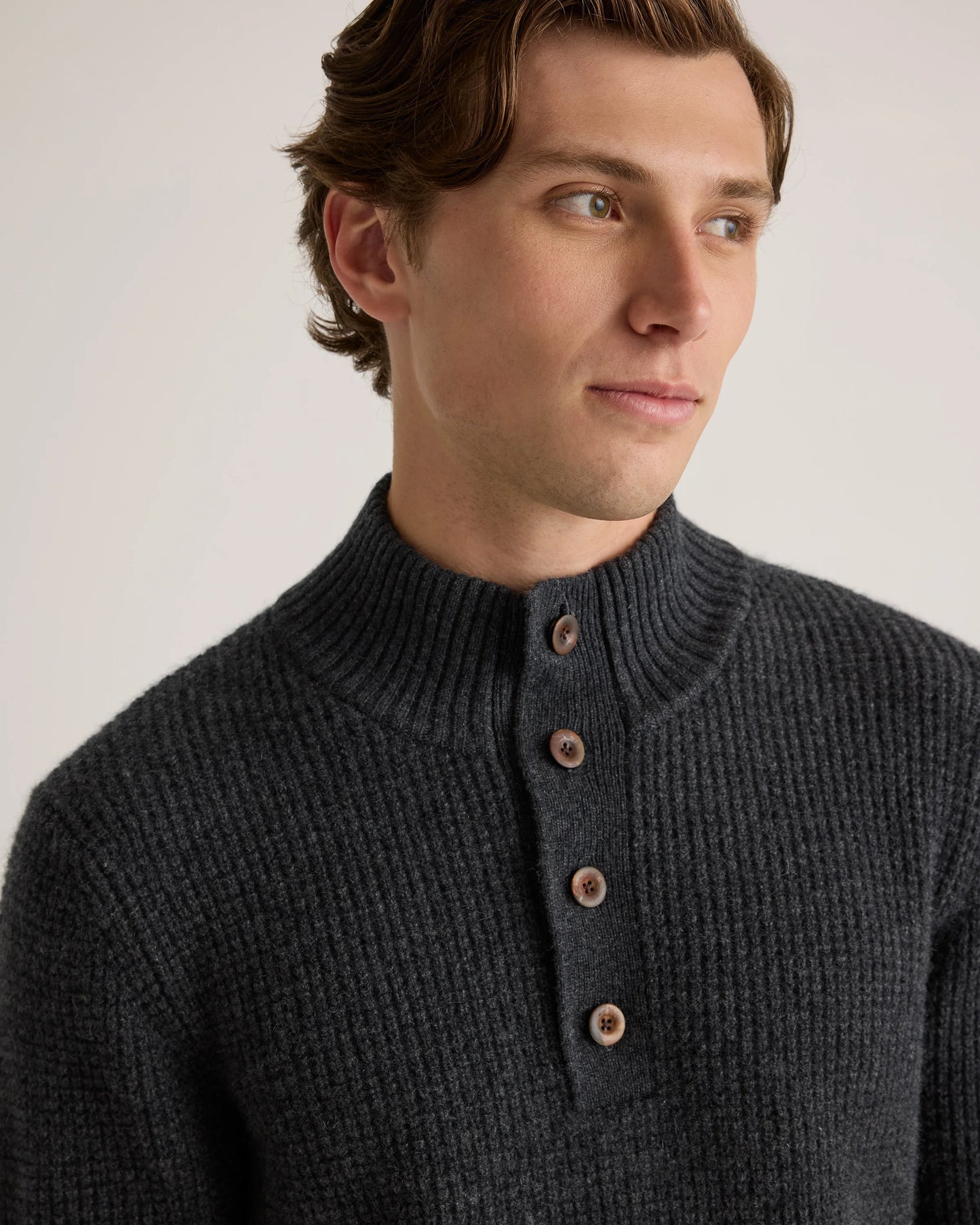 Mongolian Cashmere Waffle Quarter Button Sweater - S / Elk Brown