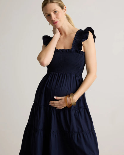 100% Organic Cotton Poplin Maternity Smocked Midi Dress - XS / Classic White