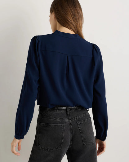 Fluid Crepe Surplice Long Sleeve Blouse - XS / Textured Navy