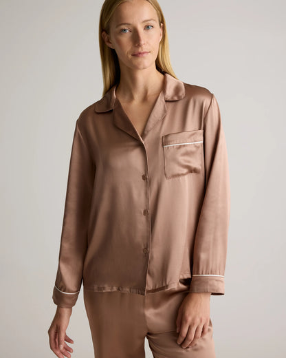 100% Washable Silk Satin Pajama Long Sleeve Top - XS / Toasted Almond