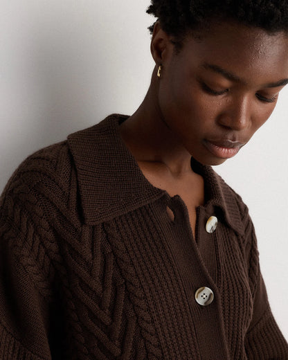 Australian Merino Wool Collared Cable Cardigan - XS / Coffee Bean Brown