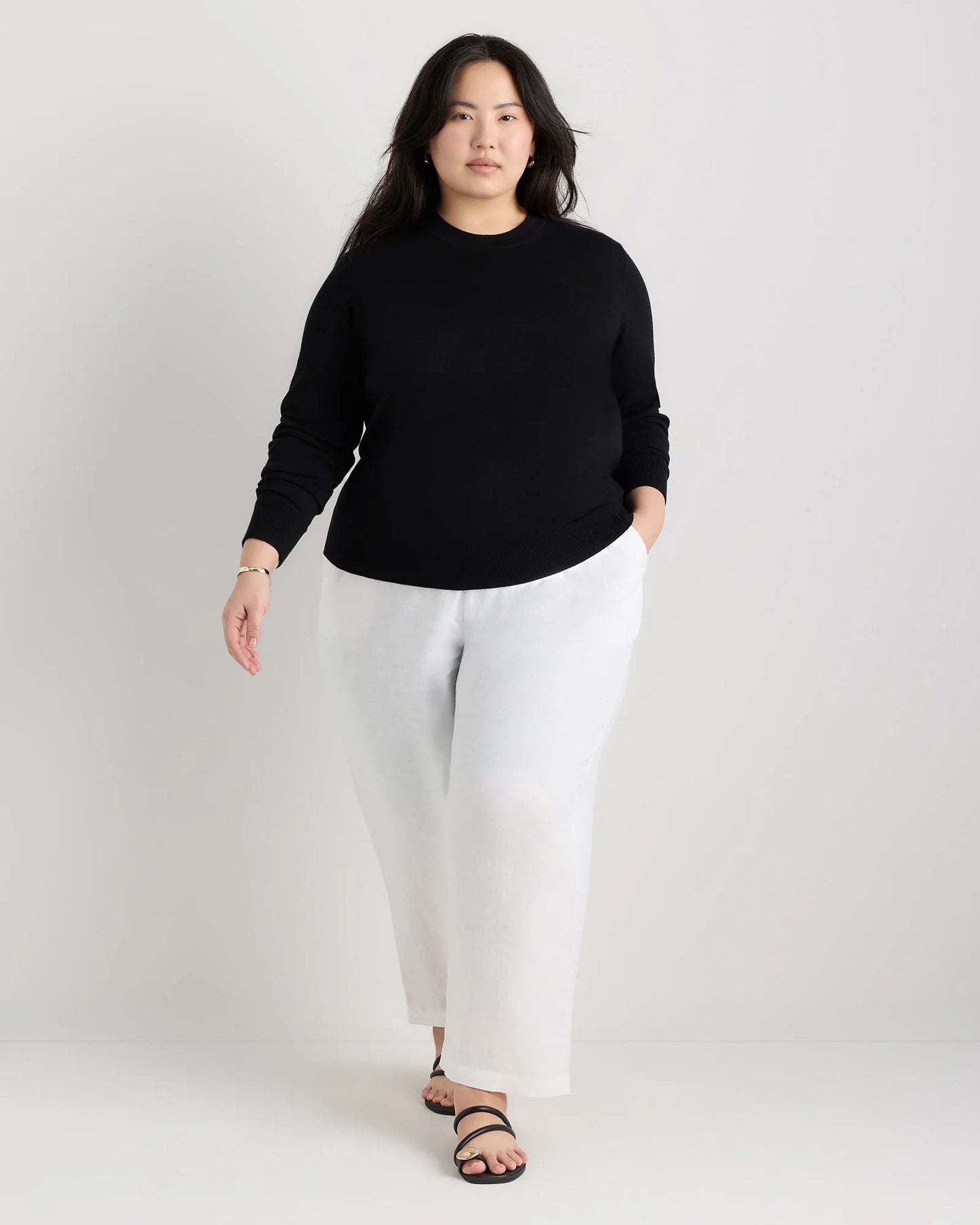 Lightweight Cotton Cashmere Crew Sweater - 1X / Black