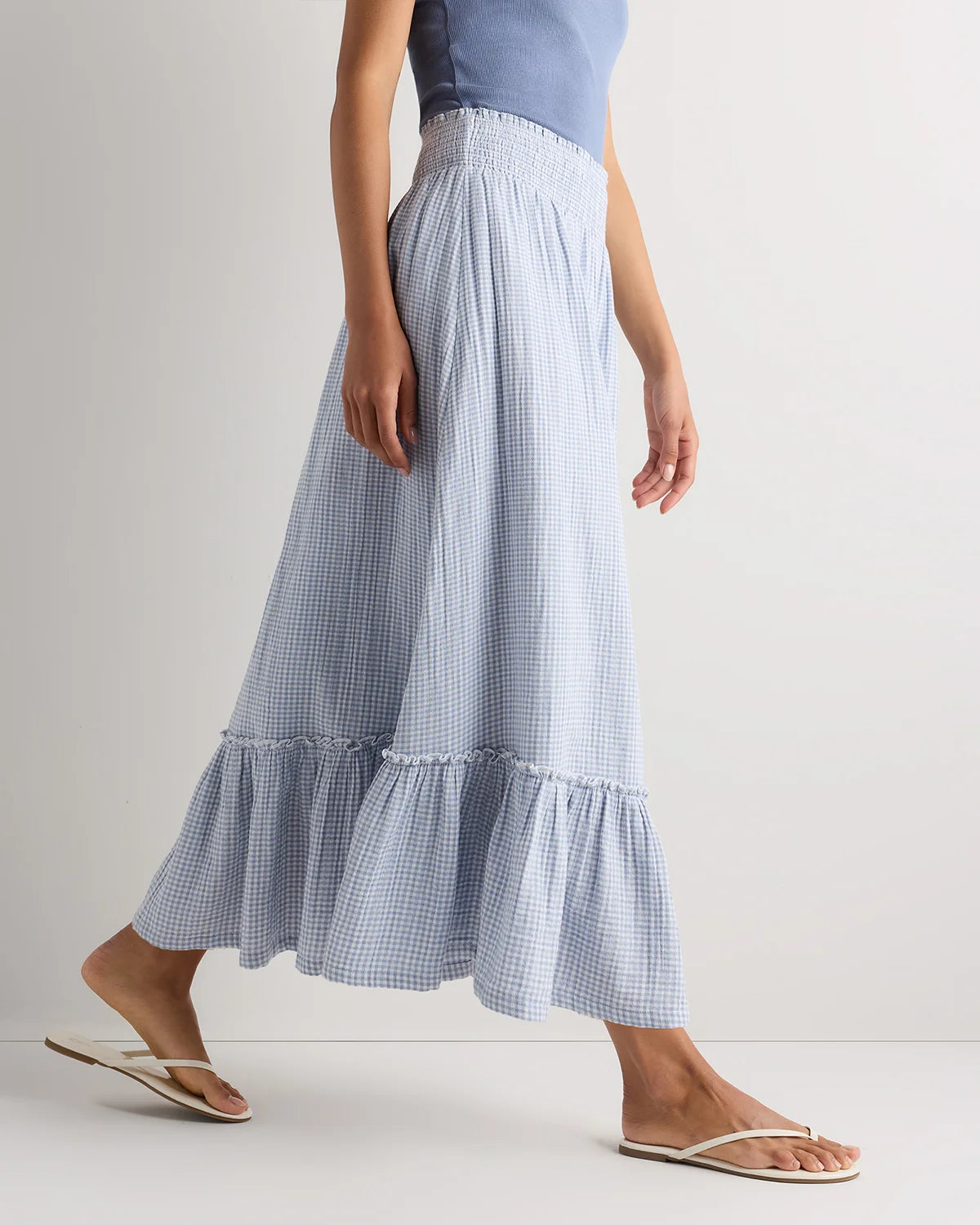 100% Organic Cotton Gauze Smocked Maxi Skirt - XS / Blue Gingham