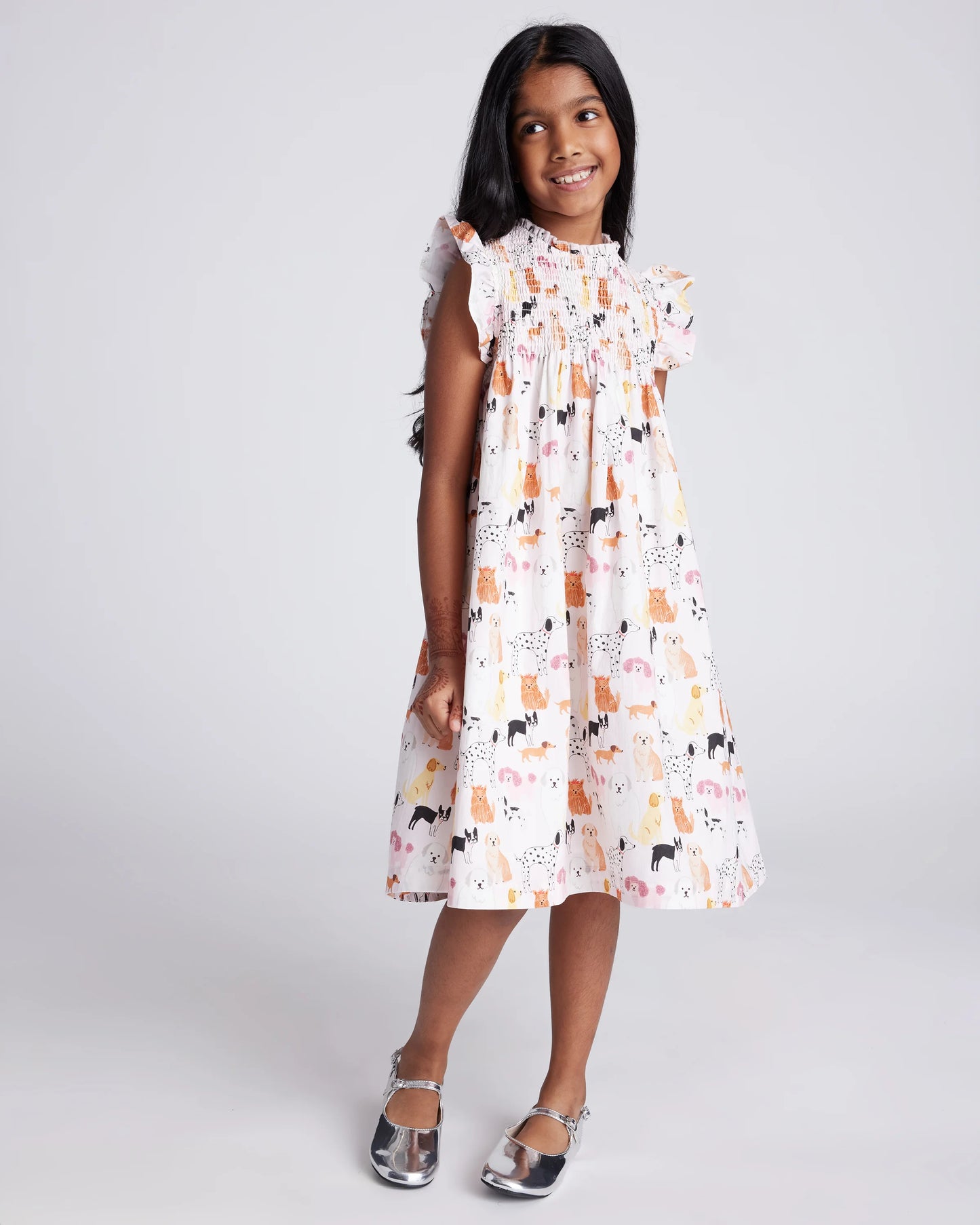 100% Organic Cotton Poplin Smocked Flutter Sleeve Dress - 6 / Blue Ditsy Floral