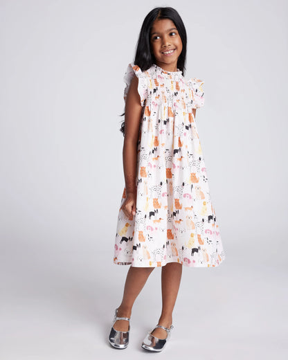 100% Organic Cotton Poplin Smocked Flutter Sleeve Dress - 6 / Blue Ditsy Floral
