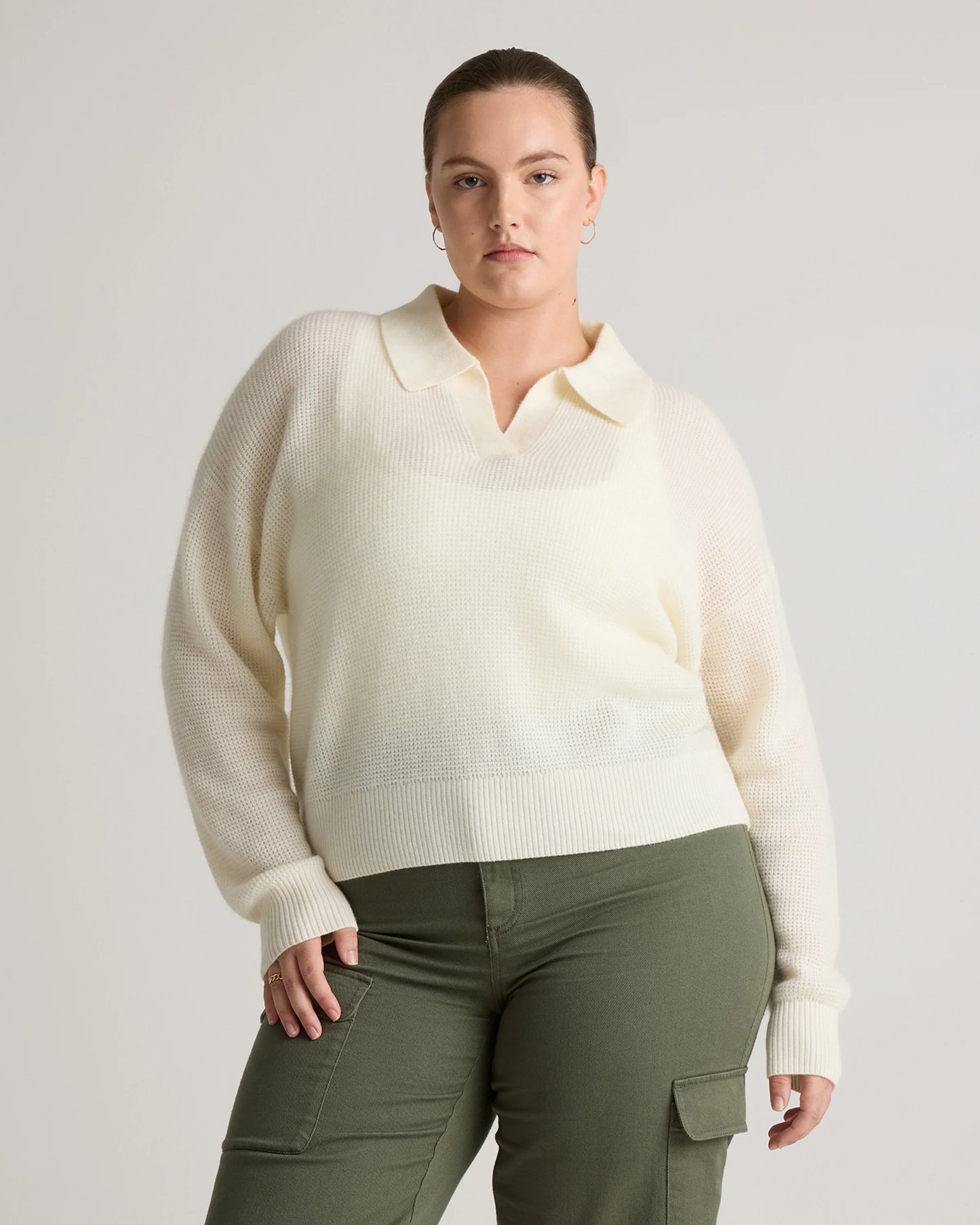 Baby Alpaca-Wool Waffle Stitch Polo Sweater - XS / Ivory