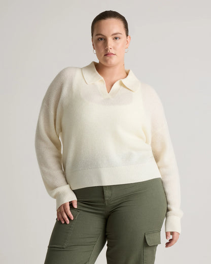 Baby Alpaca-Wool Waffle Stitch Polo Sweater - XS / Ivory