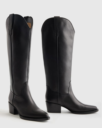 Italian Leather Tall Western Boots - 5 / Black