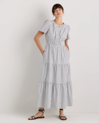100% Organic Cotton Poplin Tiered Maxi Dress - XS / Riviera Blue Heirloom Floral