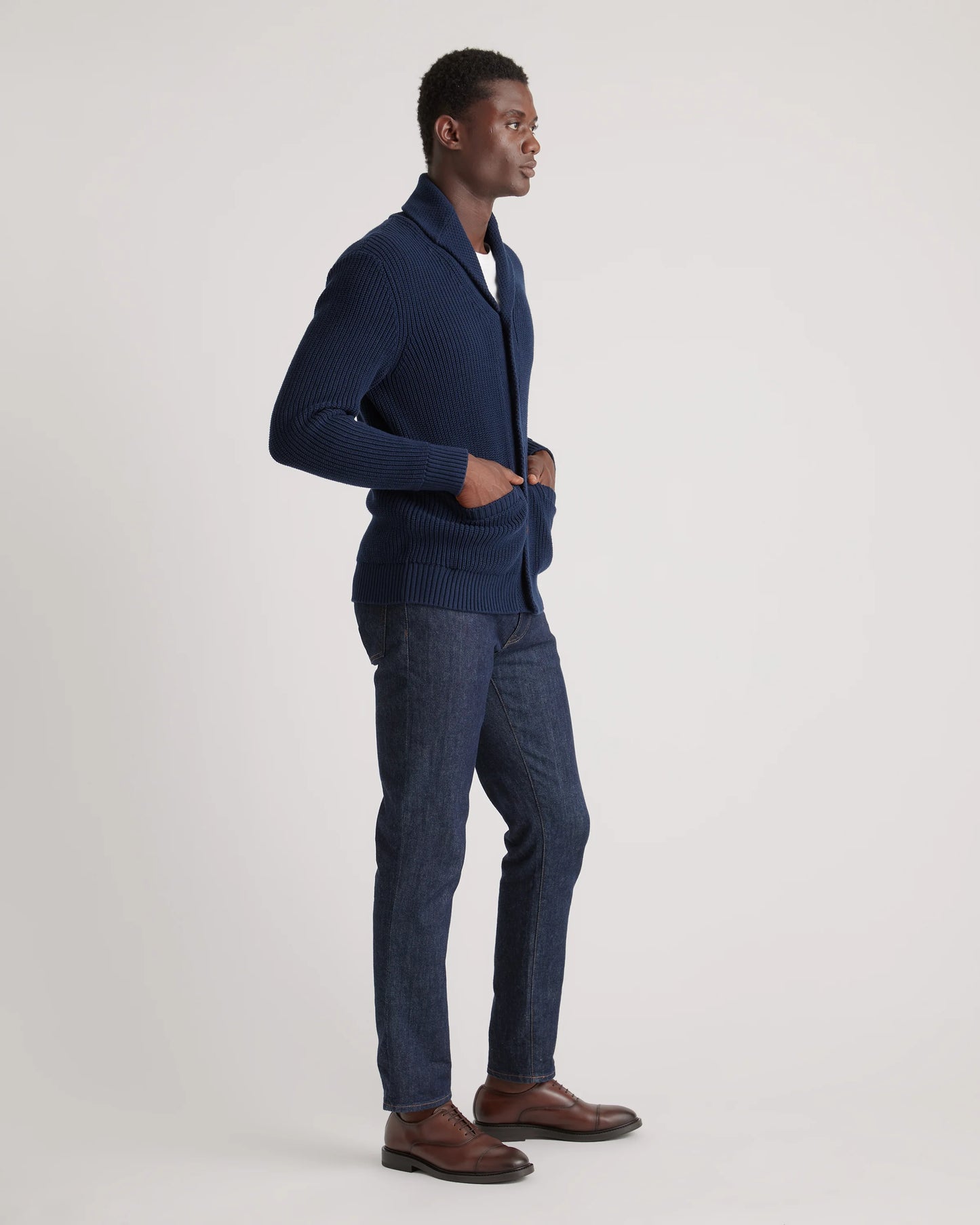 100% Organic Cotton Shawl-Collar Cardigan Sweater - S / Navy