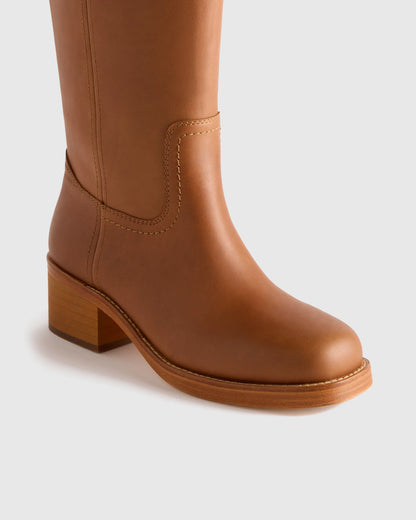 Italian Leather Block Heel Boot - 5 / Chestnut