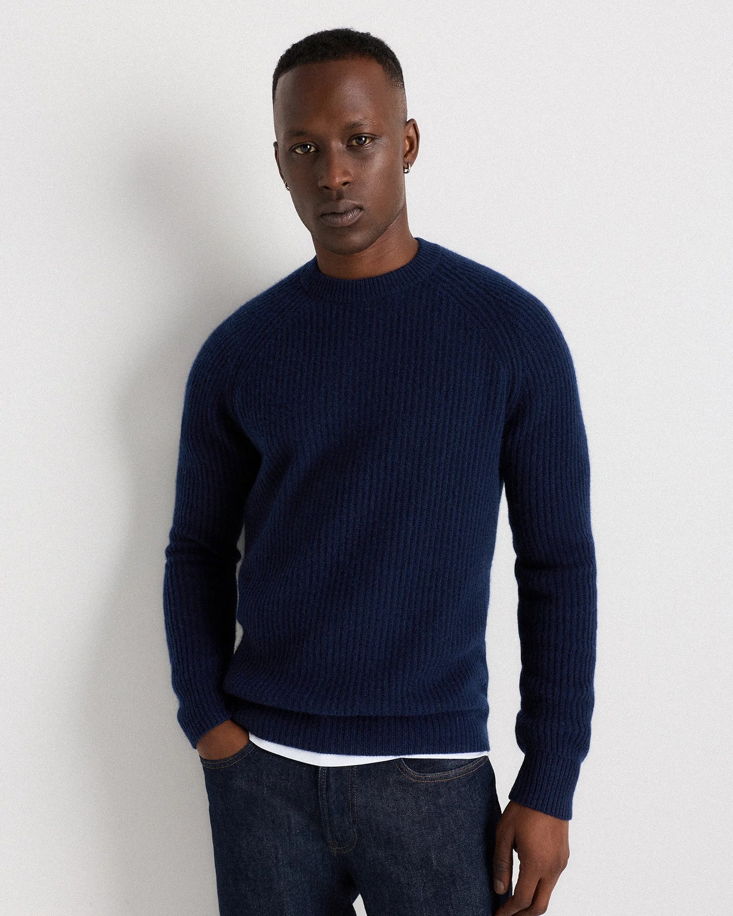 Mongolian Cashmere Fisherman Crewneck Sweater - S / Navy Marl