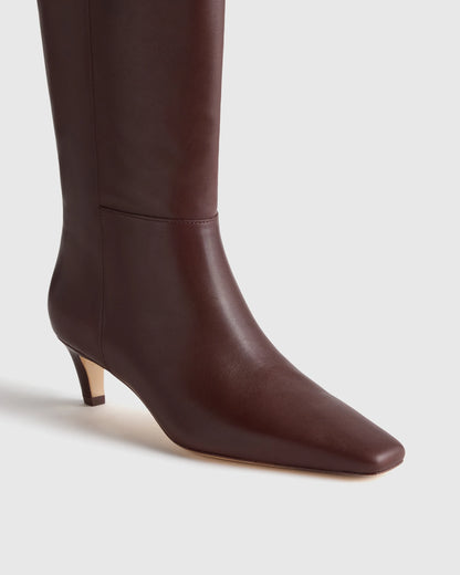 Italian Leather Tall Kitten Heel Boots - 5 / Espresso Brown